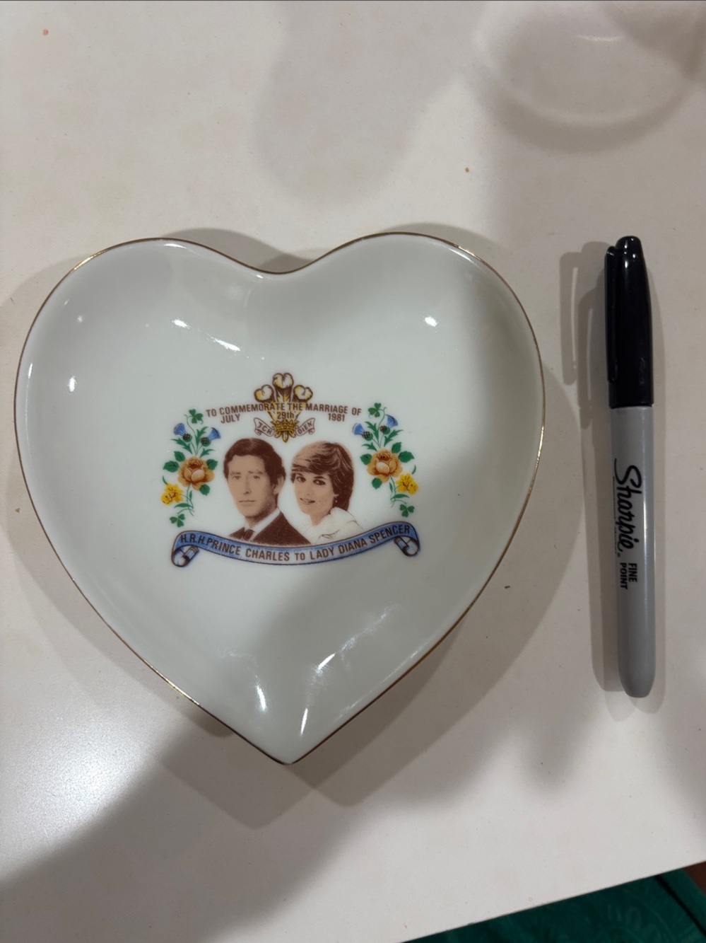 Princess Diana and Prince Charles Commemorative heart Dish with Gold Trim